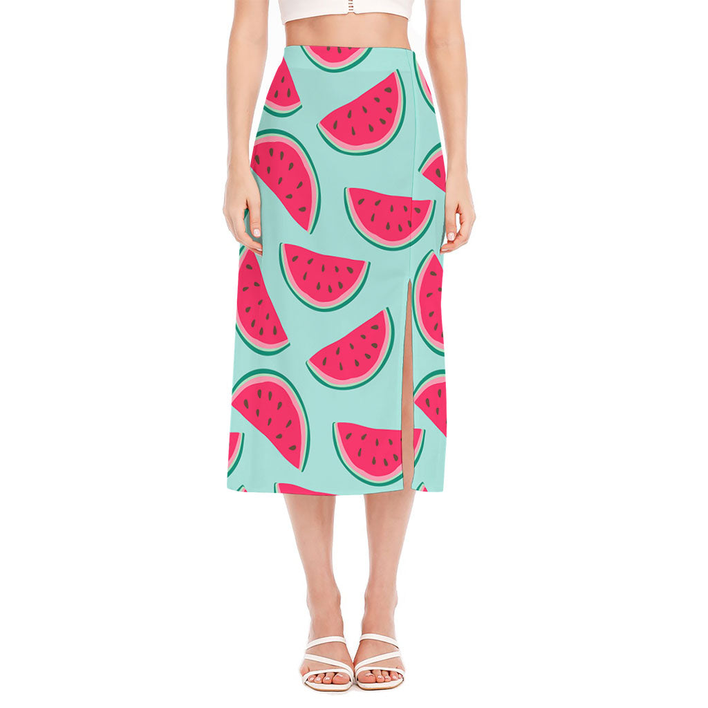Blue Cute Watermelon Pattern Print Side Slit Midi Skirt