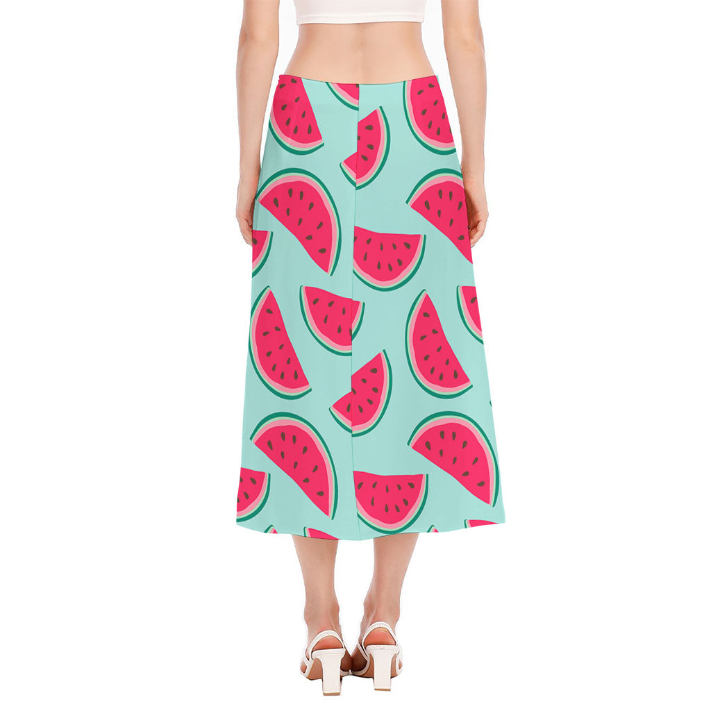 Blue Cute Watermelon Pattern Print Side Slit Midi Skirt