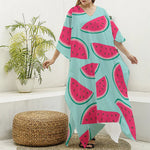 Blue Cute Watermelon Pattern Print Silk V-Neck Kaftan Dress