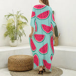 Blue Cute Watermelon Pattern Print Silk V-Neck Kaftan Dress