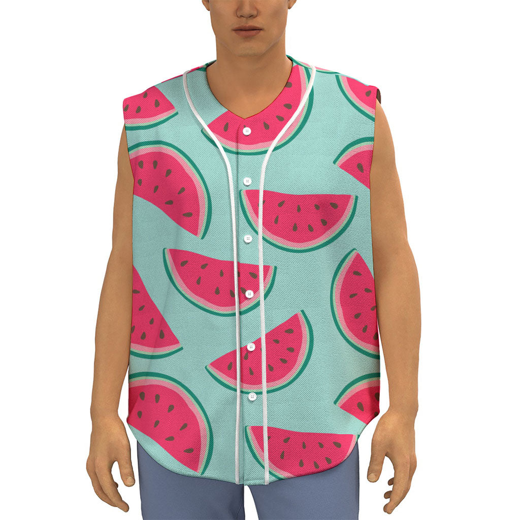 Blue Cute Watermelon Pattern Print Sleeveless Baseball Jersey