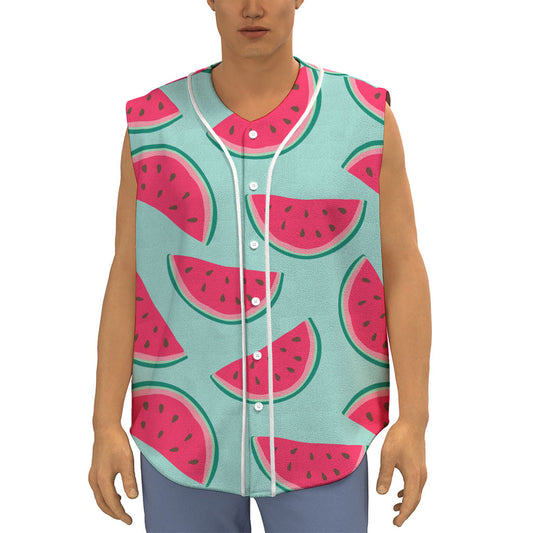 Blue Cute Watermelon Pattern Print Sleeveless Baseball Jersey