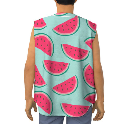 Blue Cute Watermelon Pattern Print Sleeveless Baseball Jersey