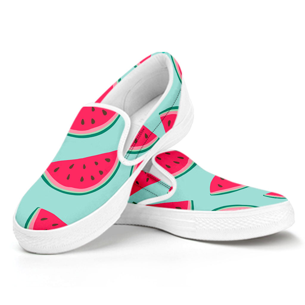 Blue Cute Watermelon Pattern Print White Slip On Sneakers