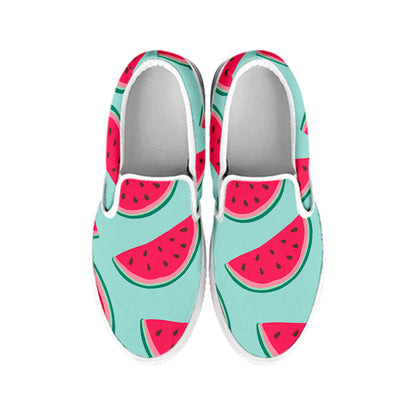 Blue Cute Watermelon Pattern Print White Slip On Sneakers
