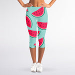 Blue Cute Watermelon Pattern Print Women's Capri Leggings