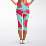 Blue Cute Watermelon Pattern Print Women's Capri Leggings