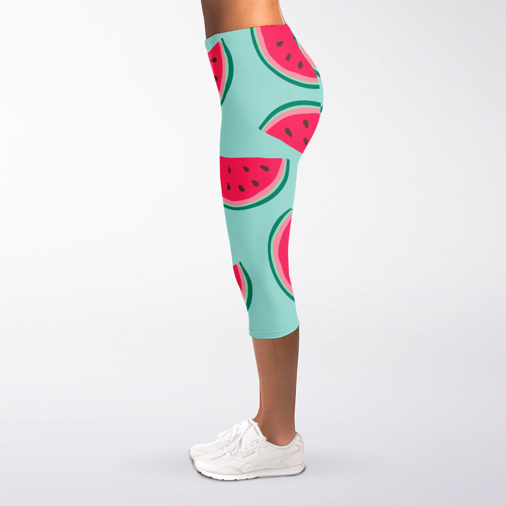 Blue Cute Watermelon Pattern Print Women's Capri Leggings