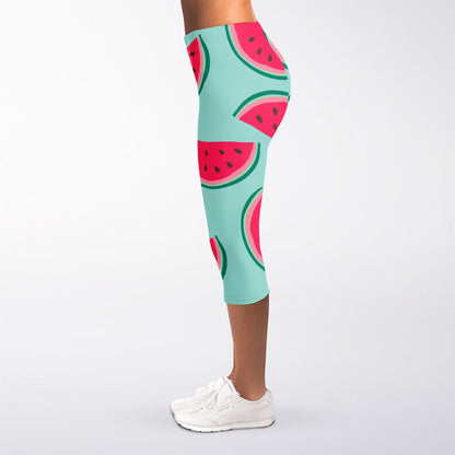 Blue Cute Watermelon Pattern Print Women's Capri Leggings