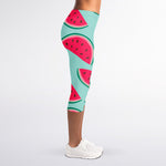 Blue Cute Watermelon Pattern Print Women's Capri Leggings