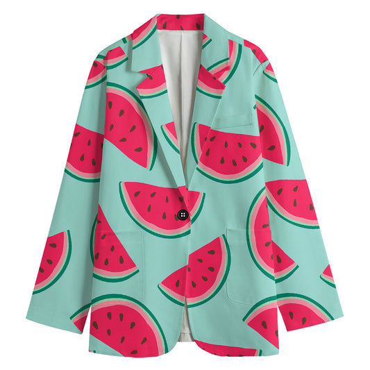 Blue Cute Watermelon Pattern Print Women's Cotton Blazer