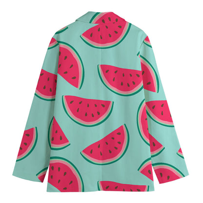 Blue Cute Watermelon Pattern Print Women's Cotton Blazer