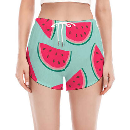 Blue Cute Watermelon Pattern Print Women's Split Running Shorts