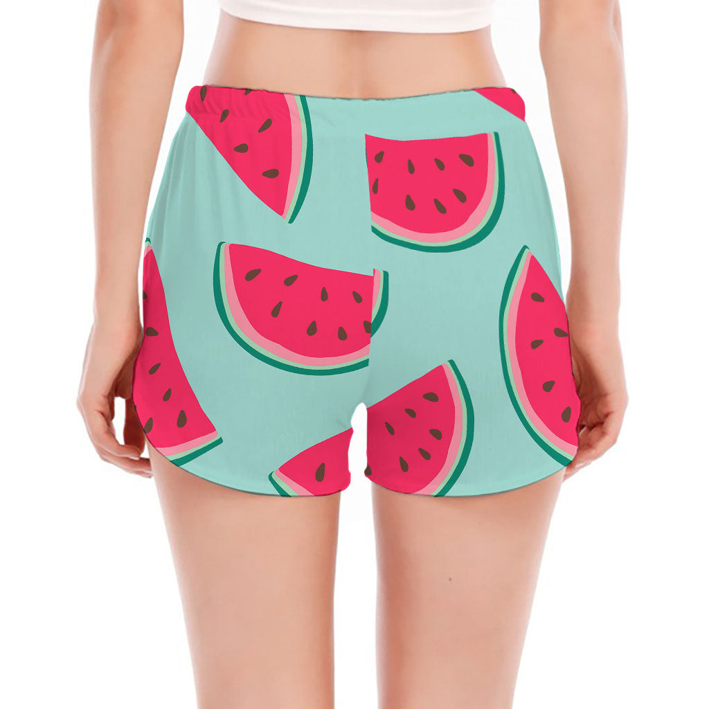 Blue Cute Watermelon Pattern Print Women's Split Running Shorts