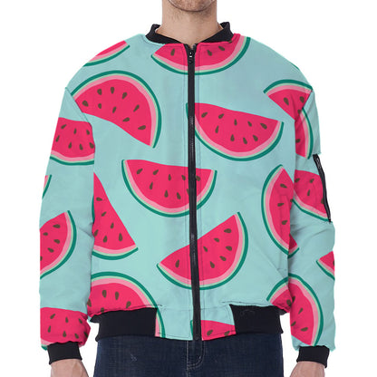 Blue Cute Watermelon Pattern Print Zip Sleeve Bomber Jacket