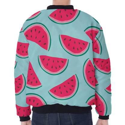 Blue Cute Watermelon Pattern Print Zip Sleeve Bomber Jacket