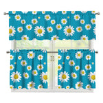 Blue Daisy Flower Pattern Print 3 Piece Kitchen Curtains
