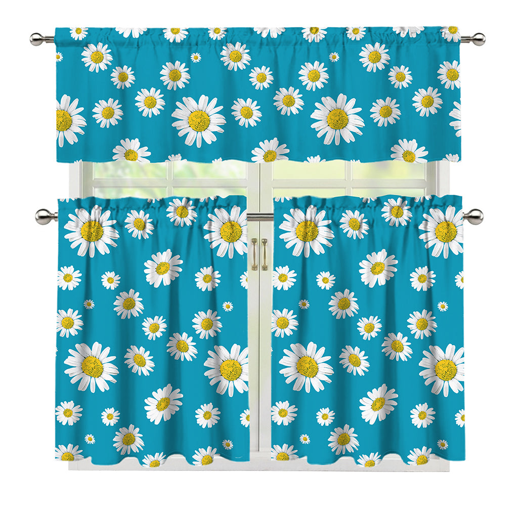 Blue Daisy Flower Pattern Print 3 Piece Kitchen Curtains