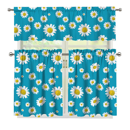 Blue Daisy Flower Pattern Print 3 Piece Kitchen Curtains
