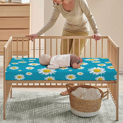 Blue Daisy Flower Pattern Print Baby Crib Sheet