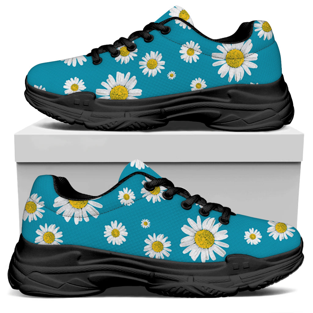 Blue Daisy Flower Pattern Print Black Chunky Shoes