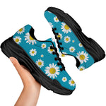 Blue Daisy Flower Pattern Print Black Chunky Shoes