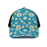 Blue Daisy Flower Pattern Print Black Mesh Trucker Cap