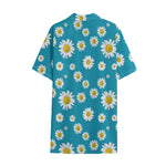 Blue Daisy Flower Pattern Print Cotton Hawaiian Shirt