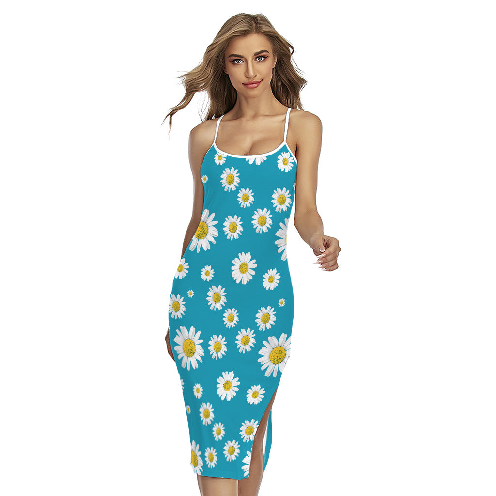 Blue Daisy Flower Pattern Print Cross Back Cami Dress