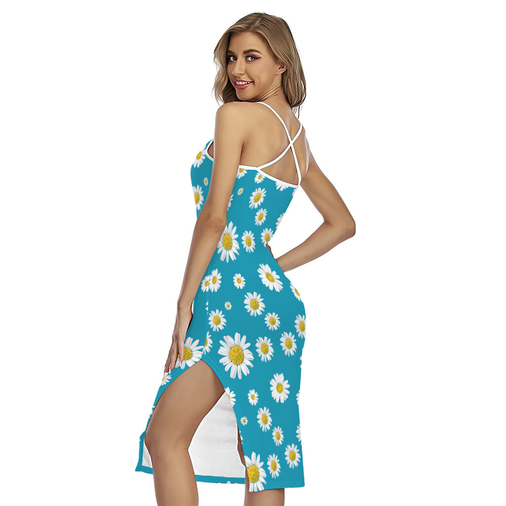 Blue Daisy Flower Pattern Print Cross Back Cami Dress