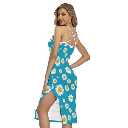 Blue Daisy Flower Pattern Print Cross Back Cami Dress