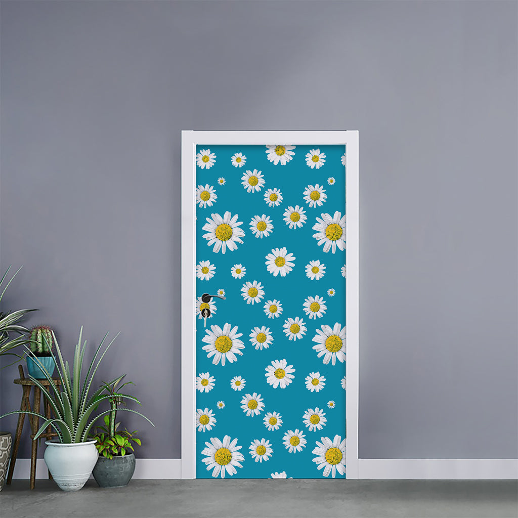 Blue Daisy Flower Pattern Print Door Sticker