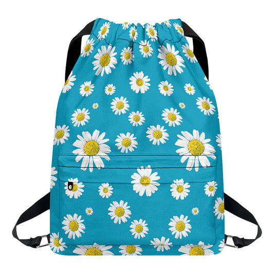 Blue Daisy Flower Pattern Print Drawstring Backpack