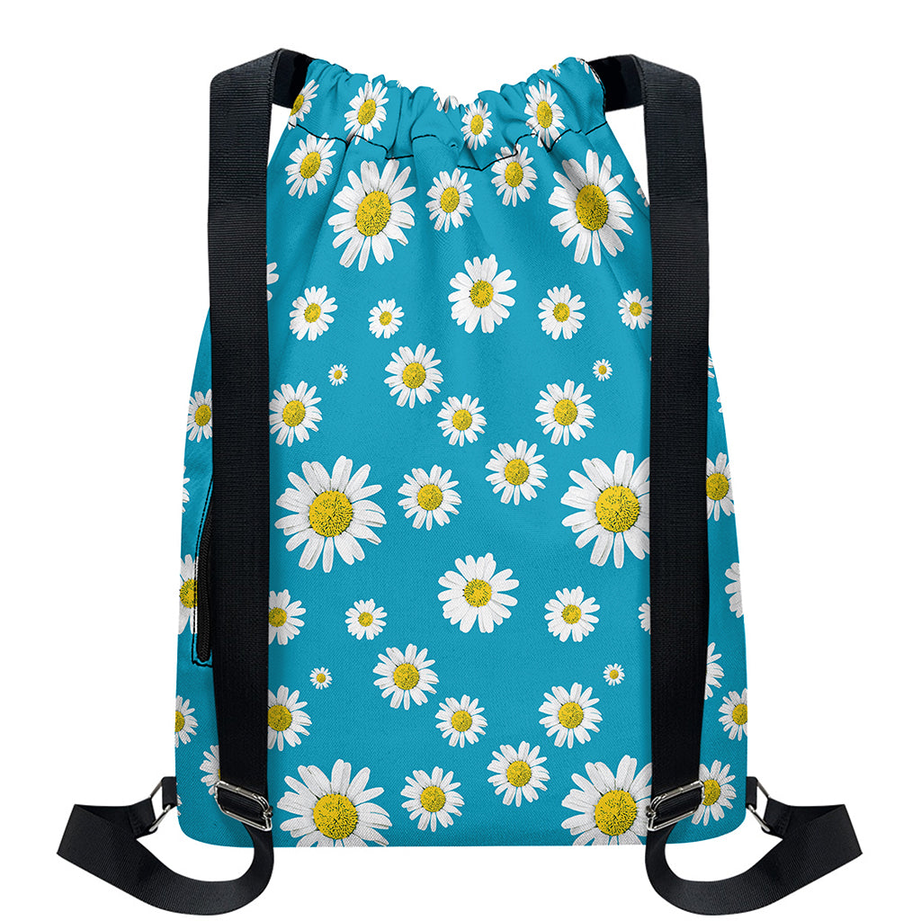 Blue Daisy Flower Pattern Print Drawstring Backpack