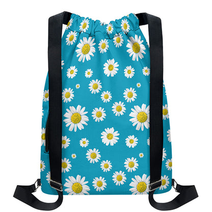 Blue Daisy Flower Pattern Print Drawstring Backpack
