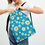 Blue Daisy Flower Pattern Print Drawstring Backpack