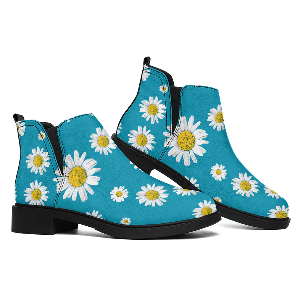 Blue Daisy Flower Pattern Print Flat Ankle Boots