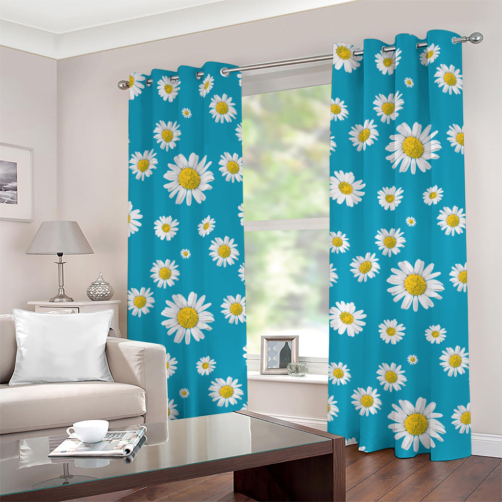 Blue Daisy Flower Pattern Print Grommet Curtains