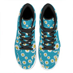 Blue Daisy Flower Pattern Print High Top Leather Sneakers