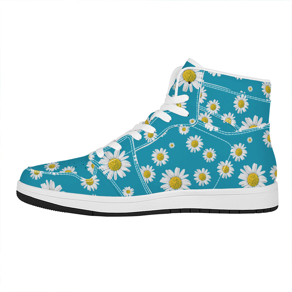 Blue Daisy Flower Pattern Print High Top Leather Sneakers