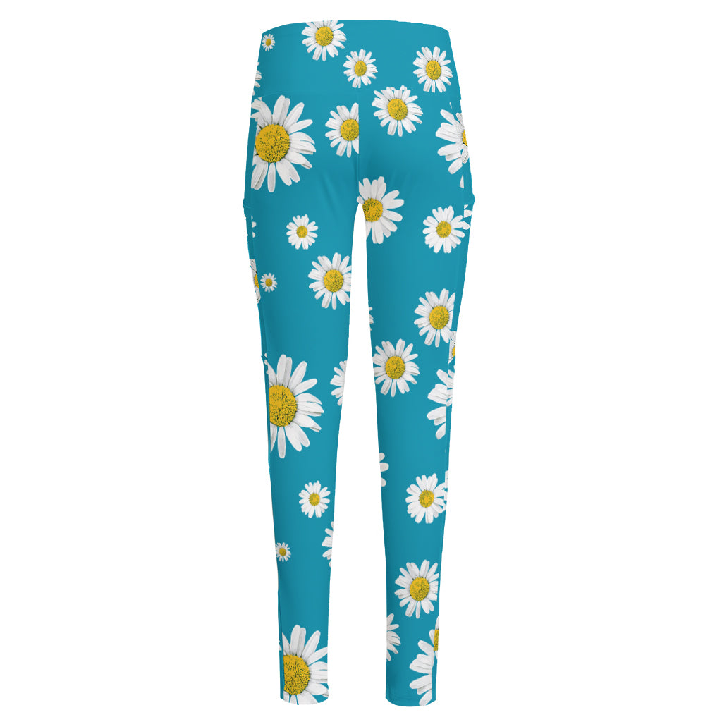 Blue Daisy Flower Pattern Print High-Waisted Pocket Leggings