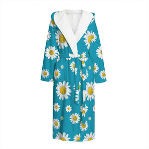 Blue Daisy Flower Pattern Print Hooded Bathrobe