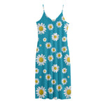 Blue Daisy Flower Pattern Print Jersey Midi Cami Dress