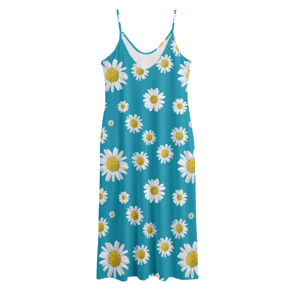 Blue Daisy Flower Pattern Print Jersey Midi Cami Dress