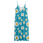 Blue Daisy Flower Pattern Print Jersey Midi Cami Dress