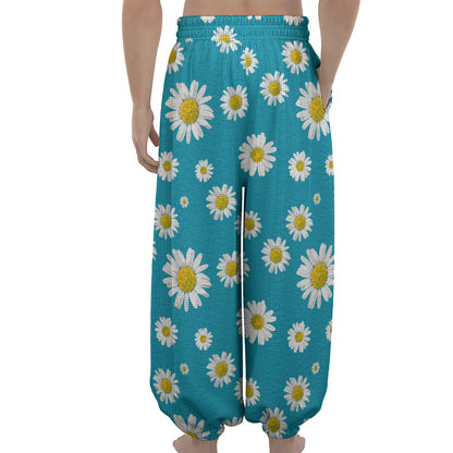 Blue Daisy Flower Pattern Print Lantern Pants