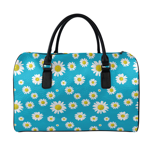 Blue Daisy Flower Pattern Print Leather Duffle Bag