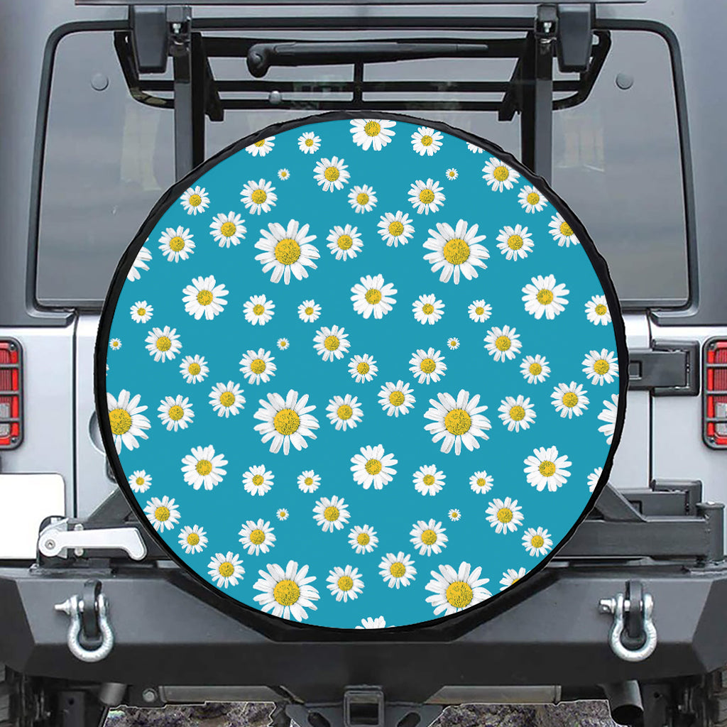 Blue Daisy Flower Pattern Print Leather Spare Tire Cover
