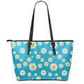 Blue Daisy Flower Pattern Print Leather Tote Bag With Zipper