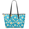 Blue Daisy Flower Pattern Print Leather Tote Bag